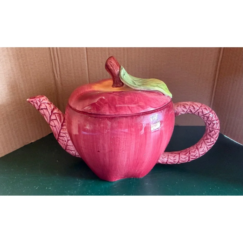 Seymour Mann Vintage Apple Teapot and Mugs Set Hand Painted Faience Ceramic 3pc